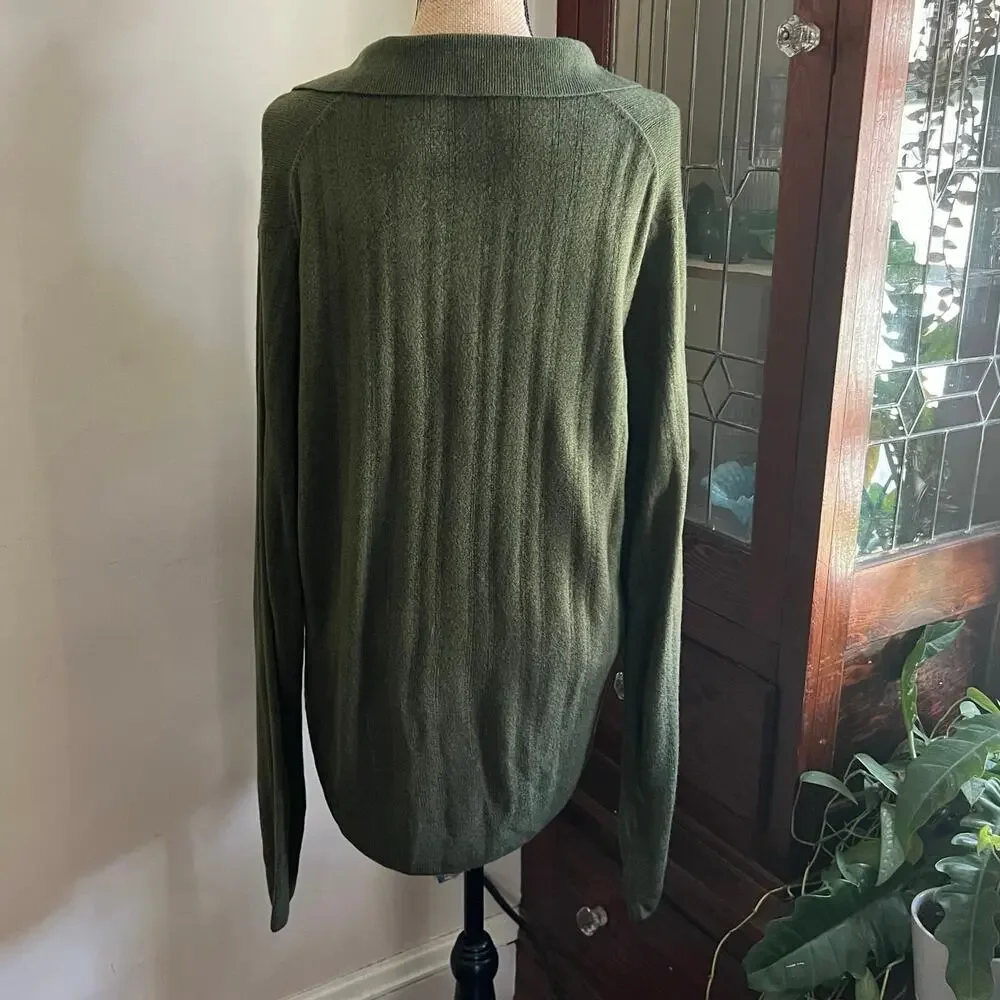 Vintage 90s Olive Button Collar Sweater Mens L Polo Cozy Minimalist
